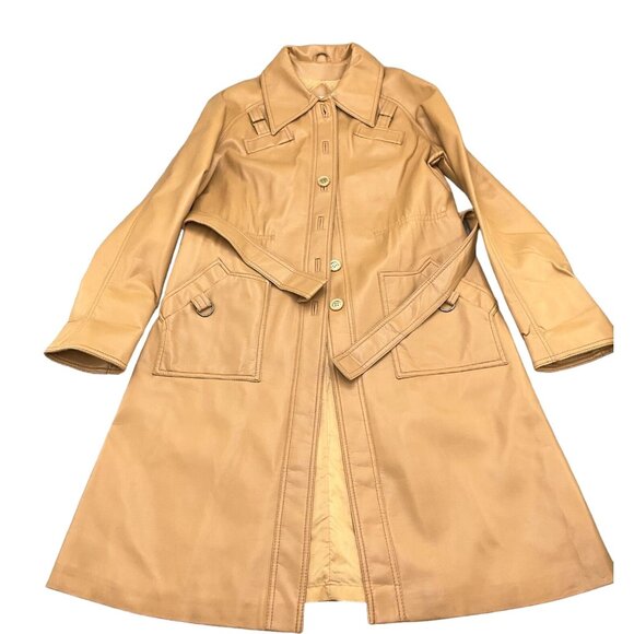 Dawn International Coat Women 12‎ Tan Faux Leather PVC Vegan Belt 70s Retro VTG - Picture 1 of 13